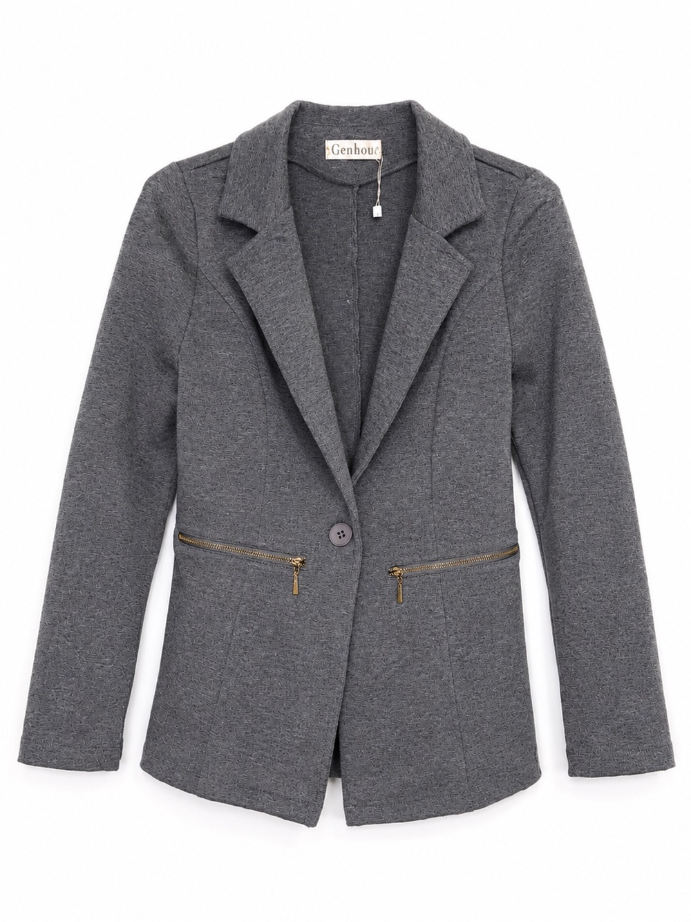 Genhoo Women's Black Single-Breasted Blazer Jacket with Zipper Pockets, Size M